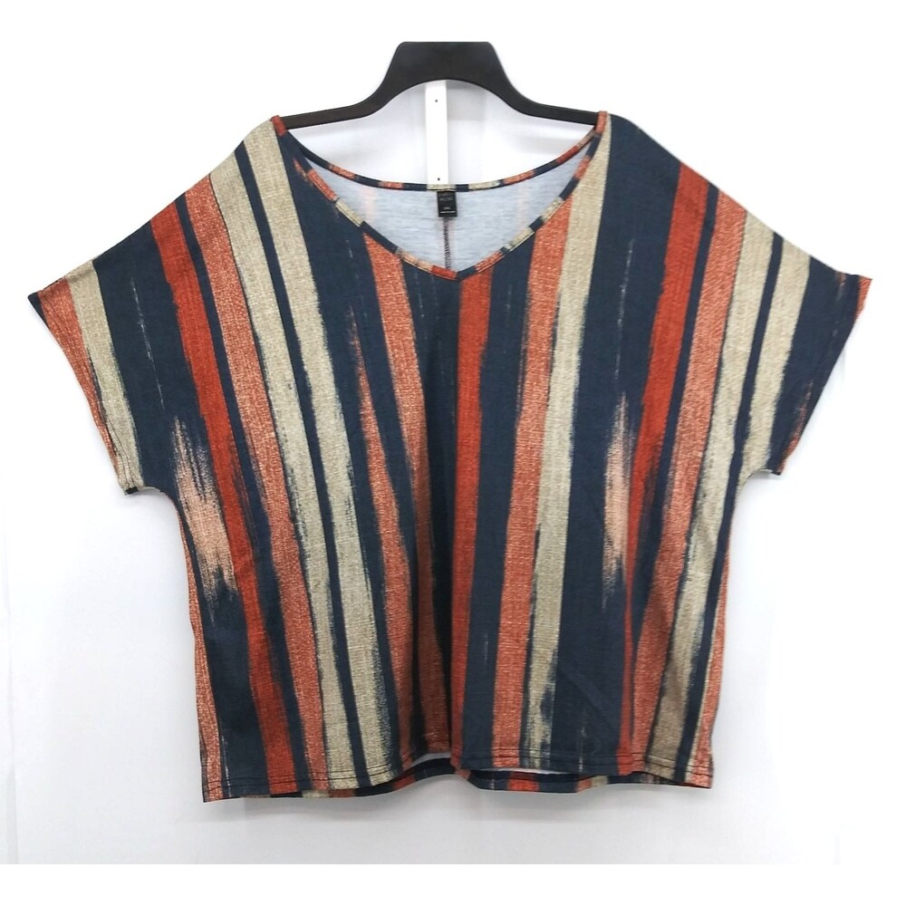 Emery Rose Shirt Women Plus Size 3XL Multicolor Striped Short Sleeve V Neck Top